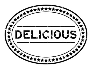 Grunge siyah lezzetli kelime oval lastik mühür beyaz arka planda