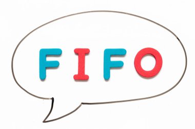 Beyaz tahta arka planında balon konuşması olarak siyah çizgi çizerek FIFO kelimesinin kısaltılmışı olan alfabe harfi