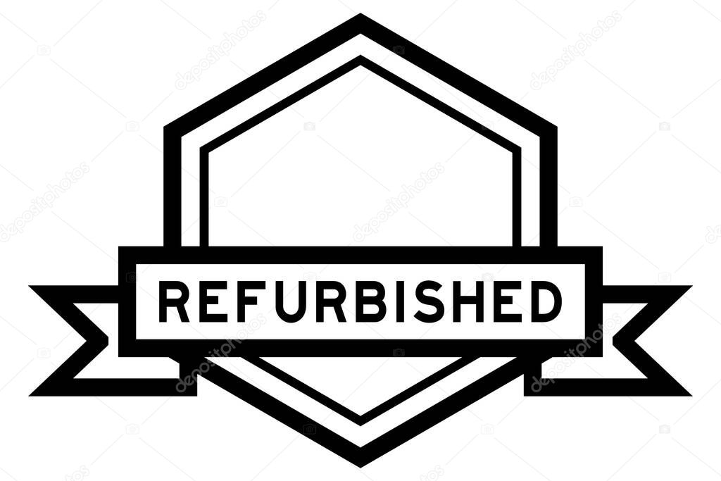 Vintage black color hexagon label banner with word refurbished on white background