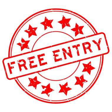 Beyaz arkaplanda yıldız simgesi yuvarlak lastik mühür olan Grunge kırmızı serbest giriş sözcüğü