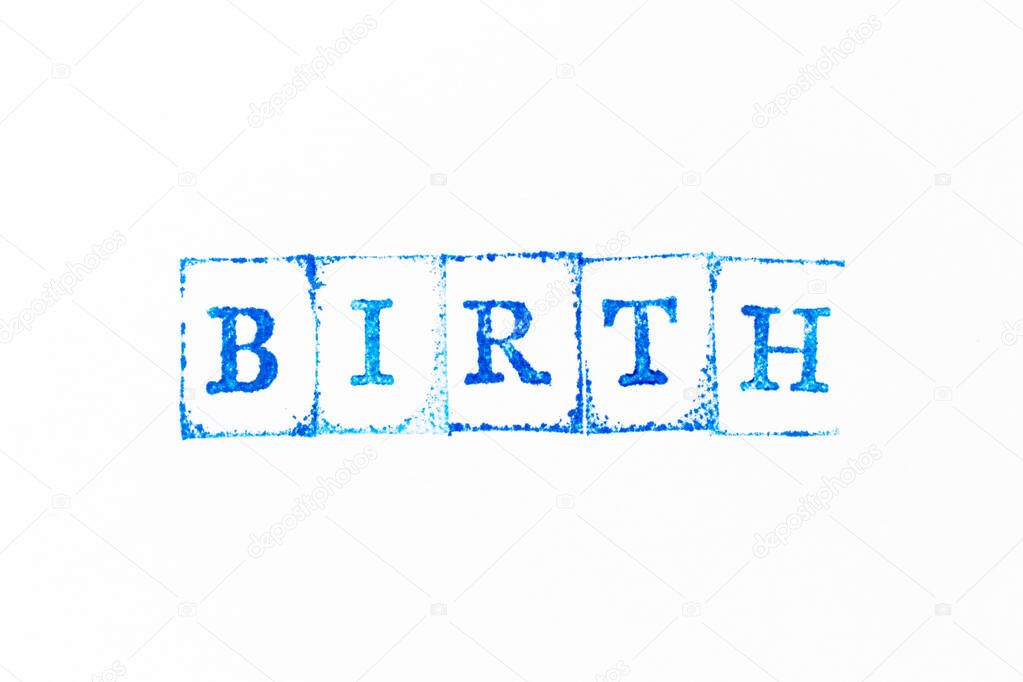 Blue color ink rubber stamp in word birth on white paper background