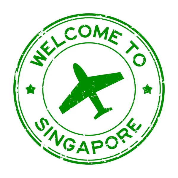 Зелений Ґрунж Вітає Сінгапурі Слово Іконою Літака Круглої Гуми Білому — стоковий вектор