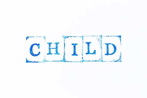 Blue Color Ink Rubber Stamp Word Child White Paper Background — 图库照片