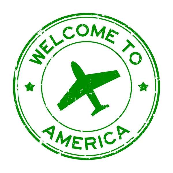 Grunge Green Welcome America Word Airplane Icon Rubber Seal Stamp — Vettoriale Stock