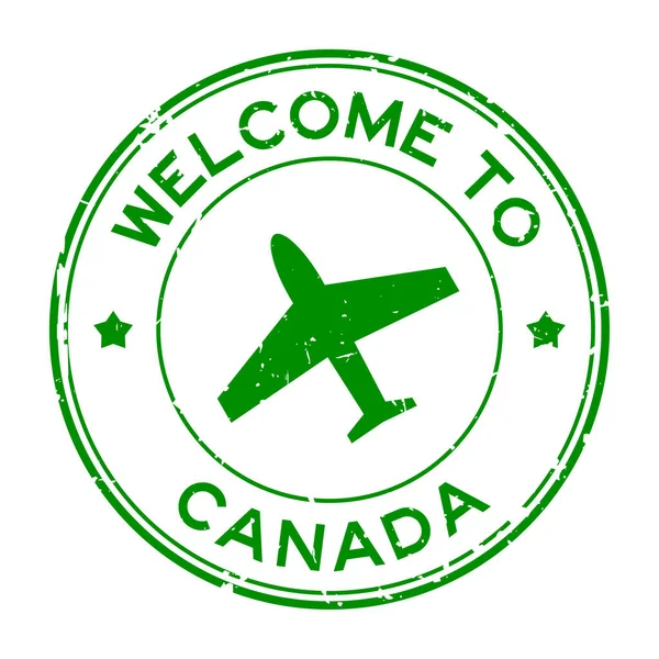 Grunge Green Welcome Canada Word Aircraft Icon Rubber Seal Stamp — 图库矢量图片