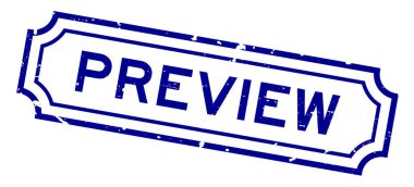 Grunge mavi kelime önizleme beyaz arka planda lastik mühür damgası