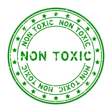 Grunge green non toxic word with star icon round rubber seal stamp on white background