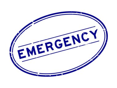 Grunge blue emergency word oval rubber seal stamp on white background