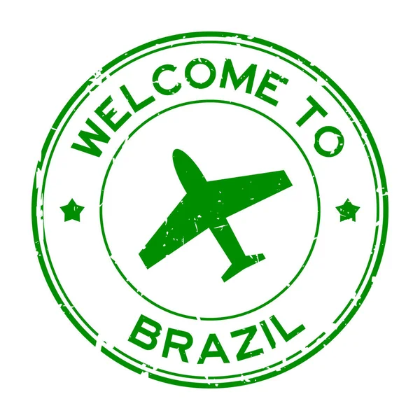 Grunge Green Welcome Brazil Word Airplane Icon Rubber Seal Stamp — Stock Vector