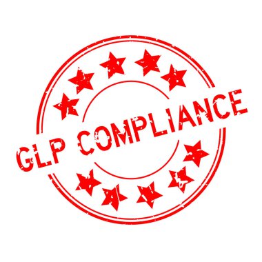 Grunge red GLP (Abbreviation of Good laboratory practice) compliance word with star icon round rubber seal stamp on white background