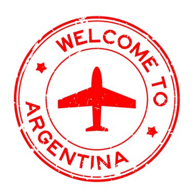 Grunge kırmızı Arjantin 'e hoş geldin. Beyaz arka planda uçak simgesi yuvarlak lastik mühür damgası var.