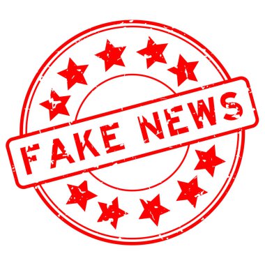 Beyaz arka planda yıldız simgesi yuvarlak lastik mühür damgalı Grunge kırmızı sahte haber kelimesi