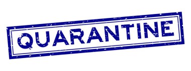Grunge mavi karantina kelime kare lastik mühür beyaz arka planda
