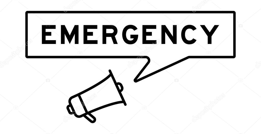 Megaphone icon with speech bubble in word emergency on white background