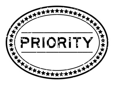 Grunge siyah öncelikli kelime oval lastik mühür beyaz arka planda