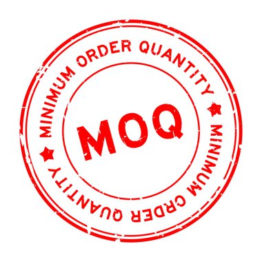 Grunge kırmızı MOQ Minimum Düzen Kelime yuvarlak lastik mühür beyaz arka planda