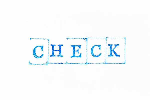 Blaue Farbe Tinte Gummistempel Wort Check Auf Weißem Papier Hintergrund — Stockfoto