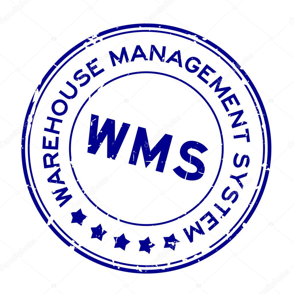 Grunge blue WMS warehouse management system word round rubber seal stamp on white background