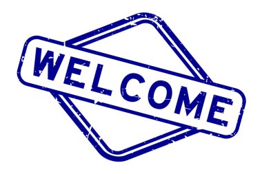 Grunge blue hoş geldin kelimesi beyaz arka planda kauçuk kare mühür