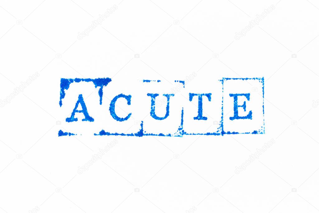 Blue color ink rubber stamp in word acute on white paper background