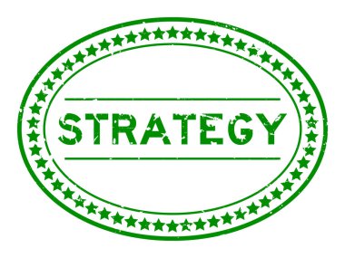 Grunge yeşil strateji kelime oval lastik mühür beyaz arka planda