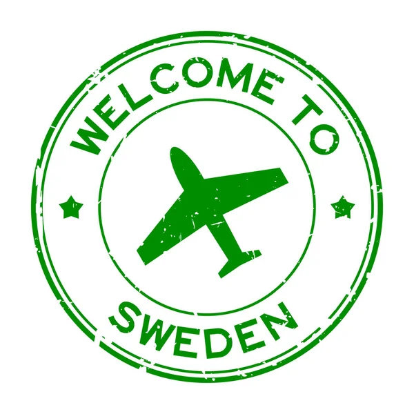 Grunge Verde Bem Vindo Suécia Palavra Com Ícone Avião Redonda —  Vetores de Stock