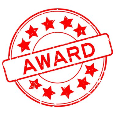 Beyaz arka planda yıldız simgesi yuvarlak lastik mühür damgalı Grunge kırmızı ödül sözü