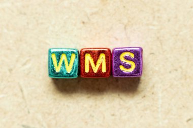 Tahta zemin üzerinde WMS (depo yönetim sisteminin kısaltması) kelimesindeki metalik renk alfabesi harf bloğu