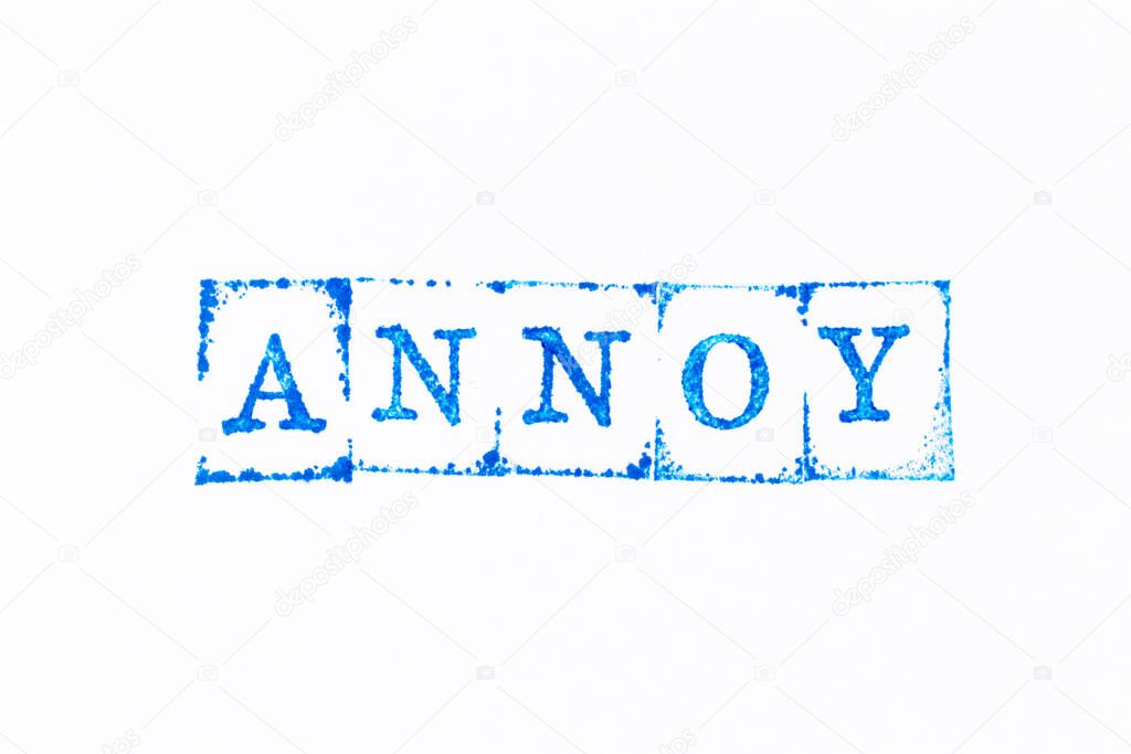 Blue color ink rubber stamp in word annoy on white paper background