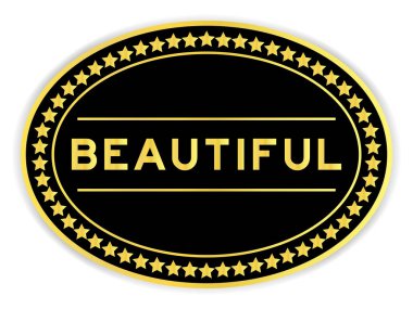 Siyah ve altın rengi oval etiket. Beyaz arka planda güzel bir kelime var.