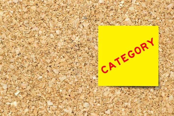 Yellow Note Paper Word Category Cork Board Background Copy Space — Stok Foto