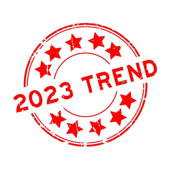 Grunge Κόκκινο 2023 Λέξη Τάση Αστέρι Εικονίδιο Στρογγυλό Καουτσούκ Σφραγίδα — Διανυσματικό Αρχείο