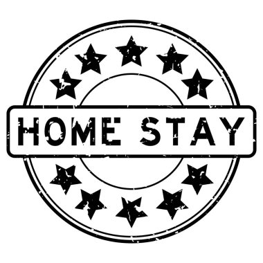 Grunge Black Home Kelime Beyaz arka planda yıldız simgesi yuvarlak lastik mühür
