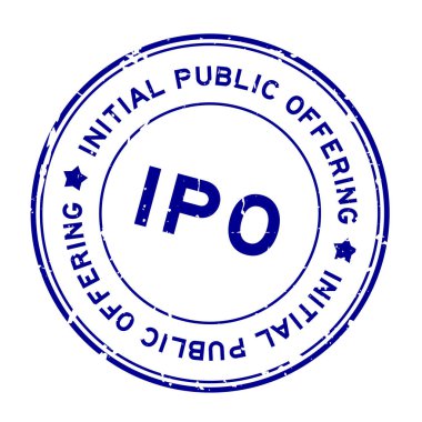 Grunge Blue IPO İlk halka açık kelime yuvarlak lastik mühür teklif beyaz arka planda