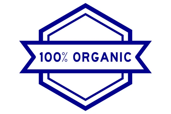 Vintage Blue Color Hexagon Label Banner Word 100 Percent Organic — стоковый вектор