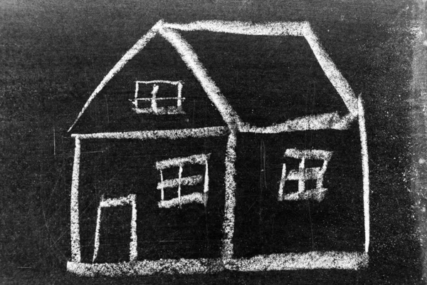 White Color Chalk Hand Drawing Home House Shape Blackboard Background — Fotografia de Stock