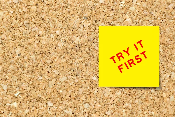 Yellow Note Paper Word Try First Cork Board Background Copy — Stock Photo, Image