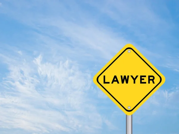 Κίτρινη Πινακίδα Μεταφοράς Λέξη Δικηγόρος Μπλε Χρώμα Ουρανό Φόντο — Φωτογραφία Αρχείου