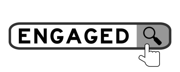 Search banner in word engaged with hand over magnifier icon on white background