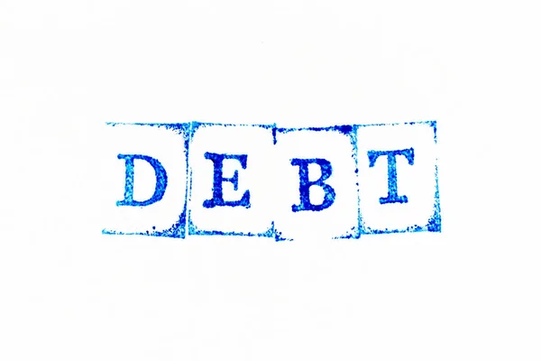 Blaue Farbe Tinte Gummistempel Wort Schulden Auf Weißem Papier Hintergrund — Stockfoto