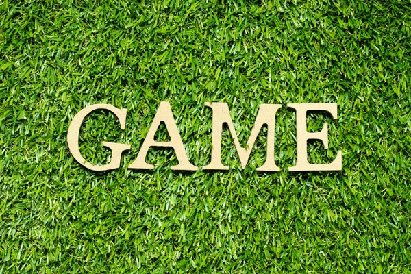 Wood alphabet letter in word game on green grass background