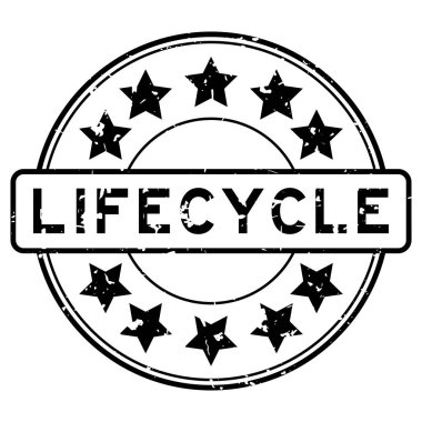 Beyaz arka planda yıldız simgesi yuvarlak lastik mühür damgalı Grunge siyah yaşam döngüsü kelimesi