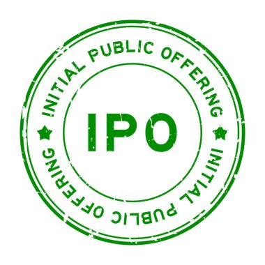 Grunge Green IPO İlk Halka Açık Kelime yuvarlak lastik mühür teklif beyaz arka planda
