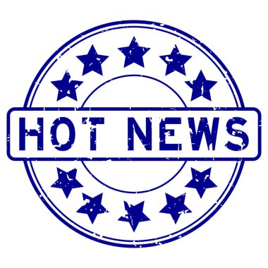 Beyaz arka planda yıldız simgesi yuvarlak lastik mühür damgalı Grunge mavi sıcak haber sözcüğü