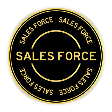 Siyah ve altın rengi yuvarlak etiketli beyaz arka planda kelime satış gücü