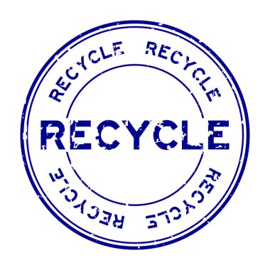 Grunge mavi geri dönüşüm sözcüğü beyaz arka planda lastik mühür damgası