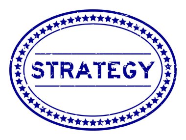 Grunge mavi strateji kelime oval lastik mühür beyaz arka planda