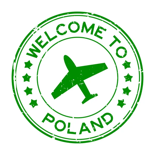Зелена Смуга Вітає Польщі Слово Іконою Літака Круглий Гумовий Штамп — стоковий вектор