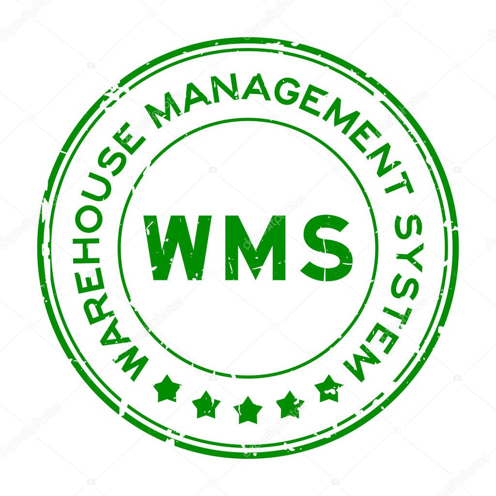 Grunge green WMS warehouse management system word round rubber seal stamp on white background