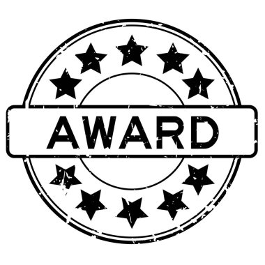 Beyaz arka planda yıldız simgesi yuvarlak lastik mühür damgalı Grunge siyah ödülü kelimesi